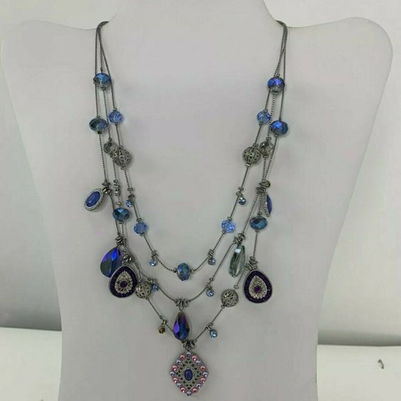 Silver Tone Necklace Faceted Bead Multi Strand - Picture 1 of 6